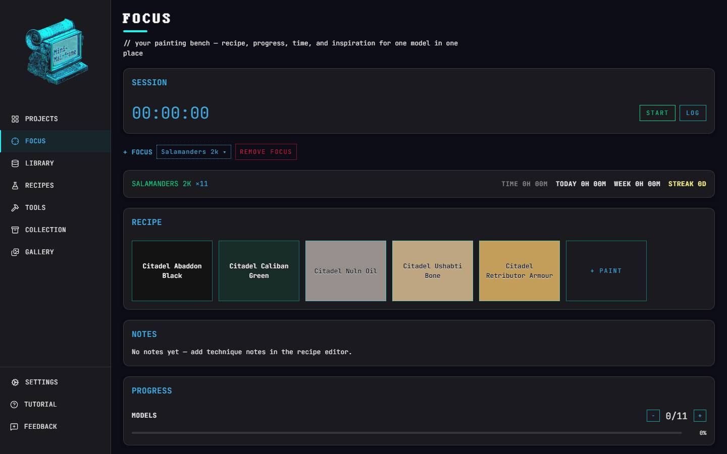 The Focus screen showing a recipe, notes, session timer and progress for one model