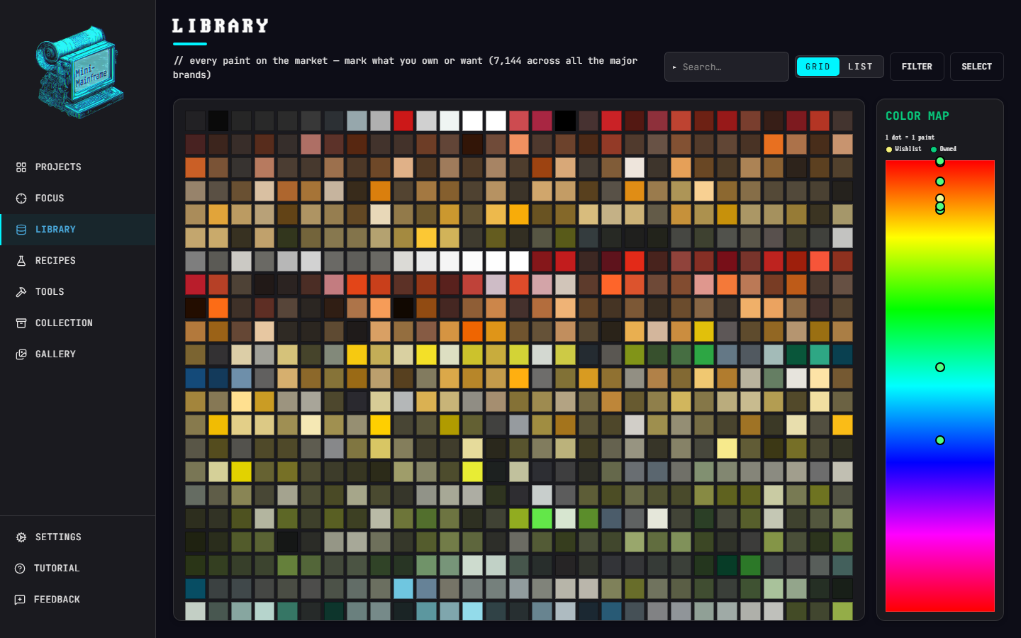 The Mini Mainframe paint library — a grid of thousands of paint swatches mapped by colour